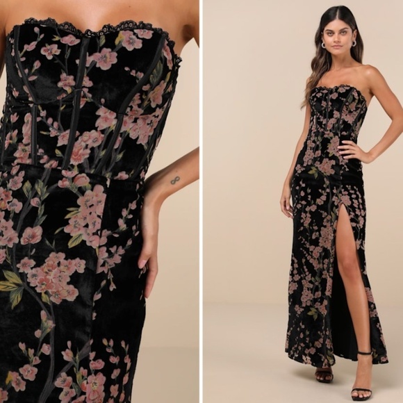 LULU's Floral Sexy Flowy Prom Wedding Chic Velvet Floral Bustier Maxi Dress - Picture 1 of 5